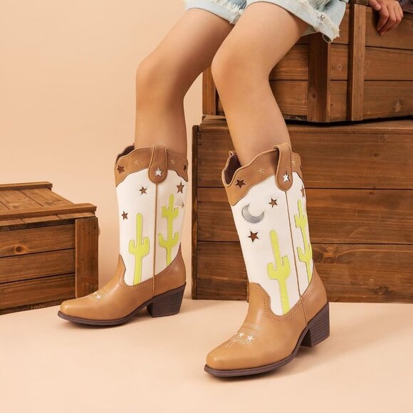 Girls Cowboy Boots Cowgirl Western Boots with Low Heel Square Toe for Little Kid - Picture 2 of 5